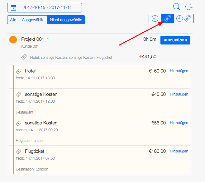 Reisekostenabrechnung - Projektzeiten und Ausgaben