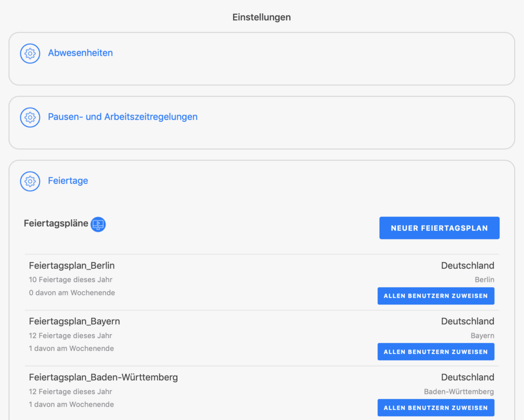 Zeiterfassung für Mitarbeiter - Feiertagspläne