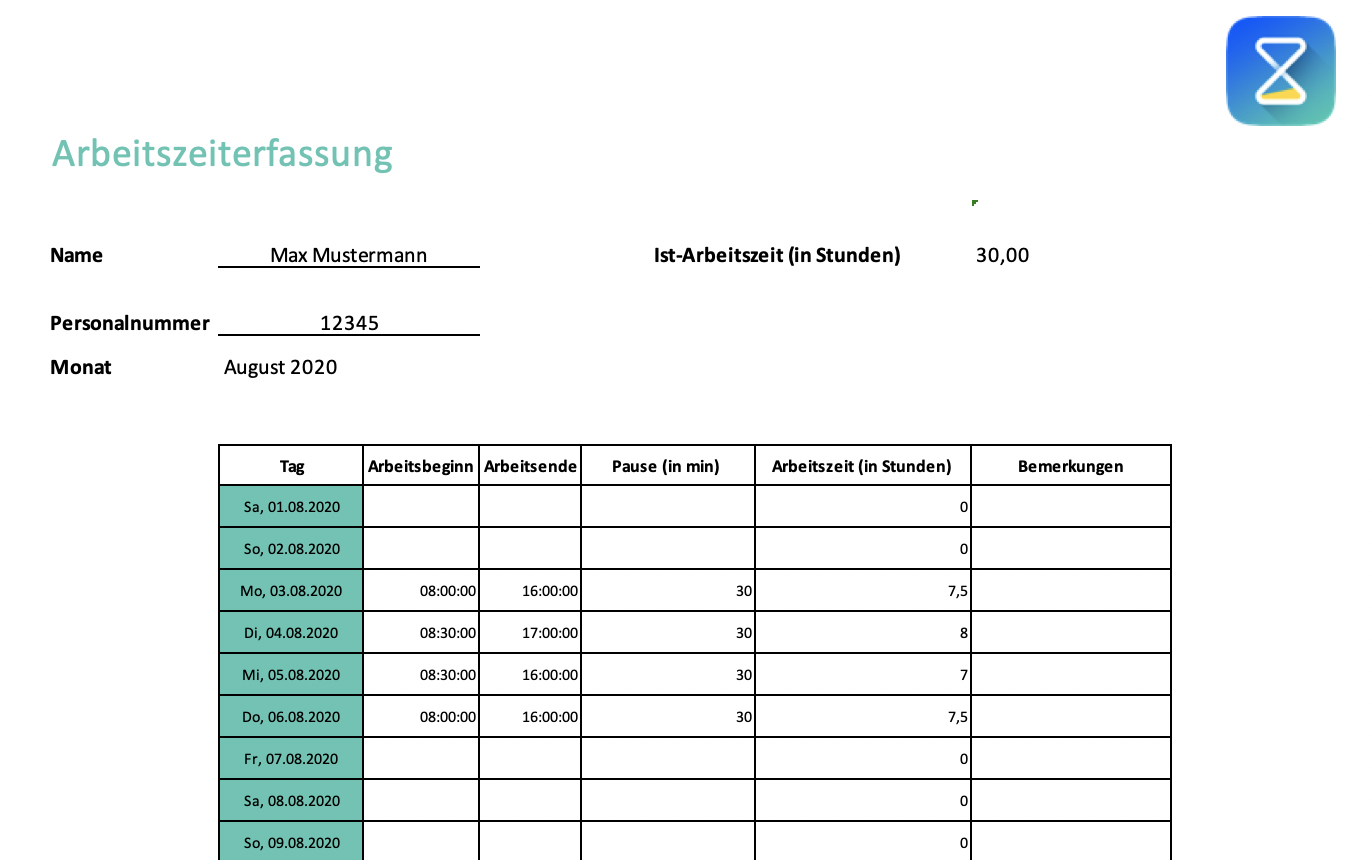 Arbeitszeiterfassung-Vorlage