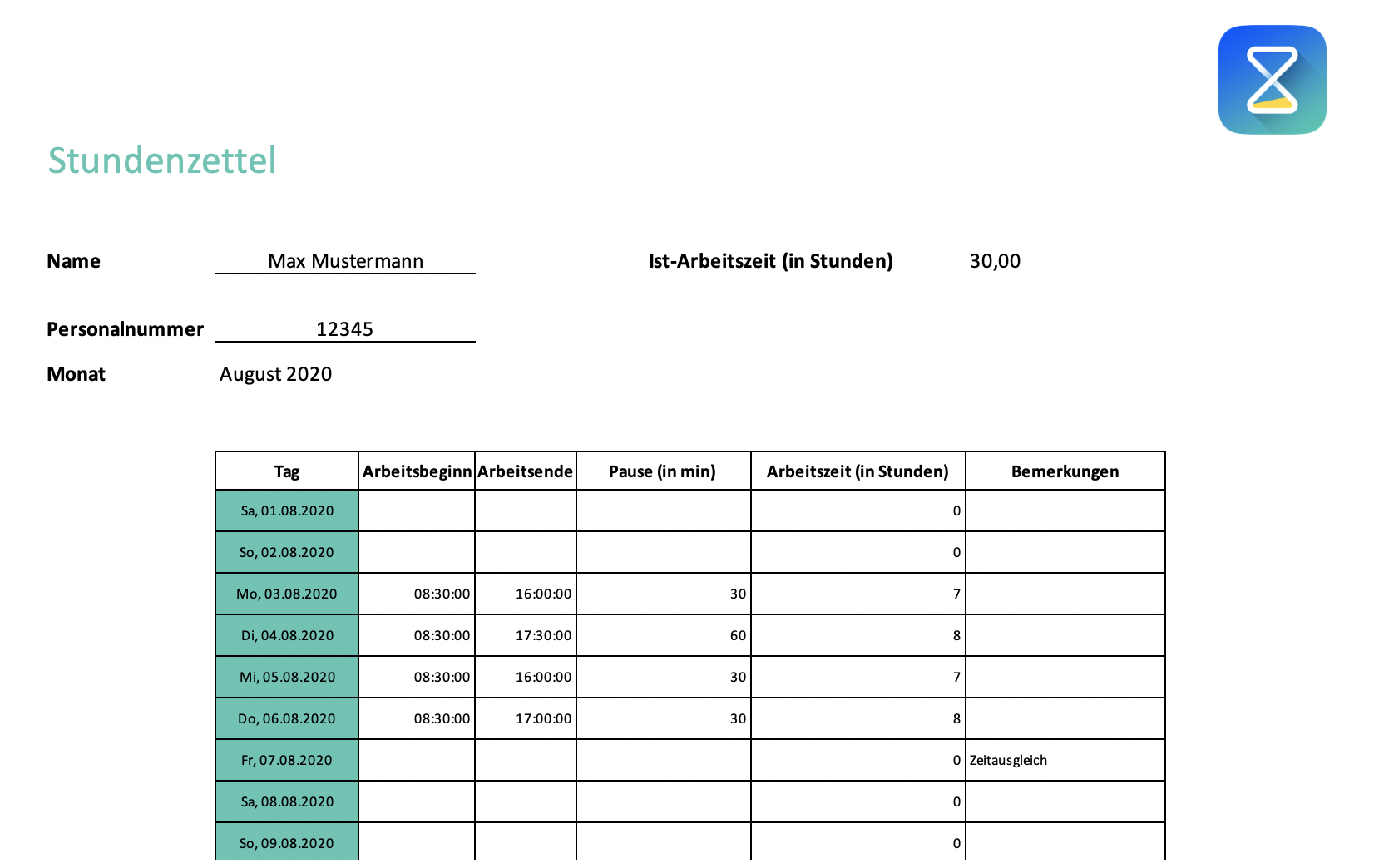 Kostenlose Stundenzettel Vorlage Februar 2025 TimeTrack