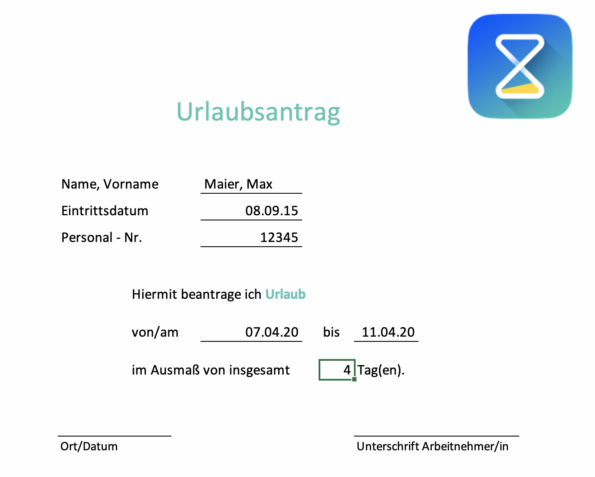 Formloser Antrag Urlaub Ins Neue Jahr Urlaubsantrag Vorlage - TimeTrack Excel und PDF Vorlagen