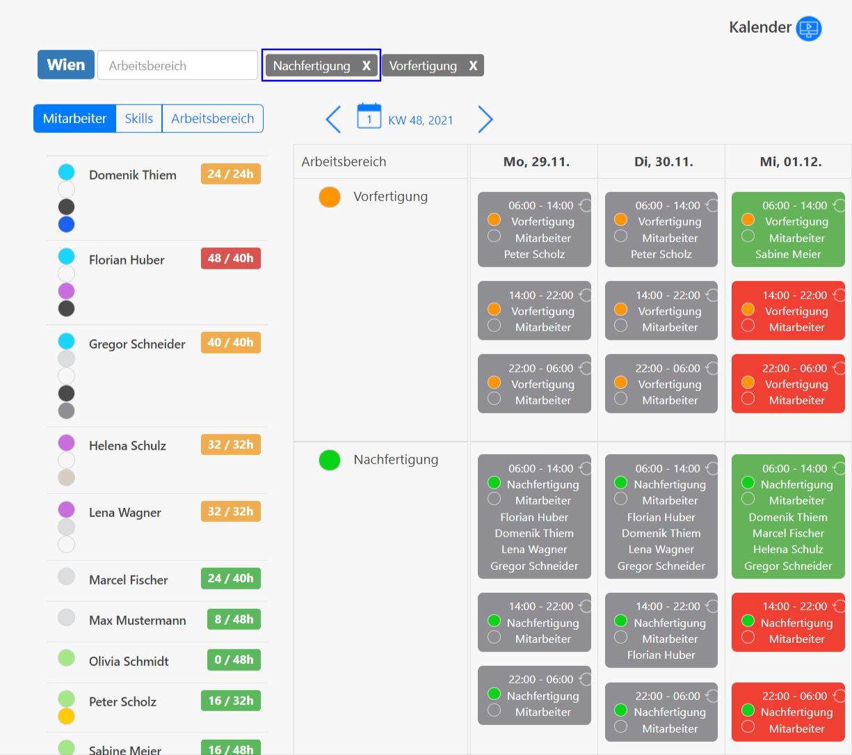 Kalender - Schichten einrichten - Auswahl des Arbeitsbereiches für die Schichtplanung