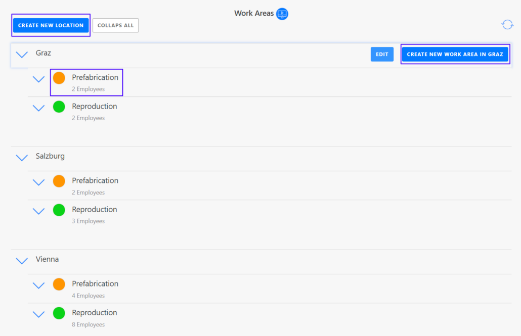 Locations and Work Areas definieren TimeTrack Info Center