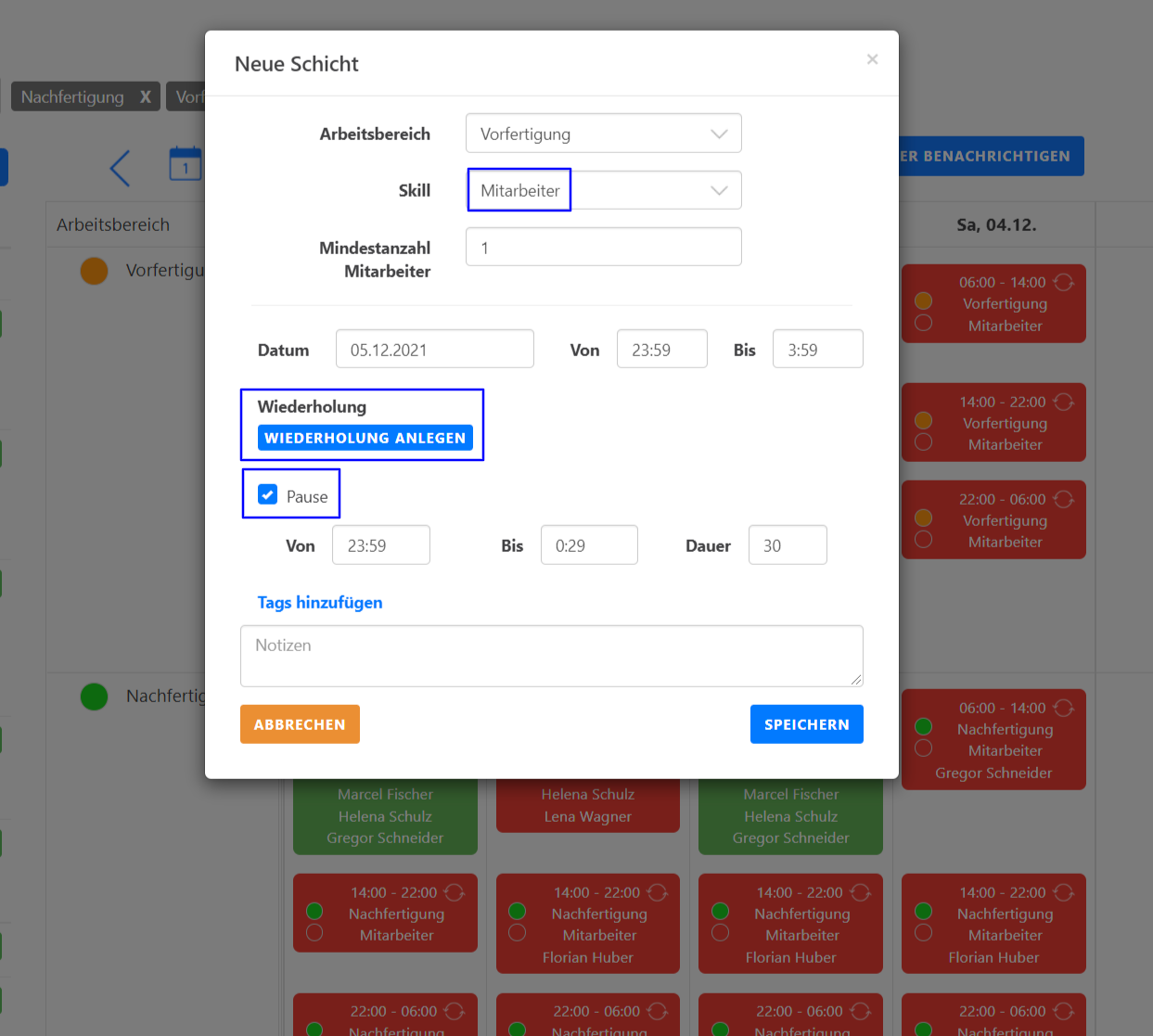 Kalender - Schichten einrichten - Neue Schicht anlegen