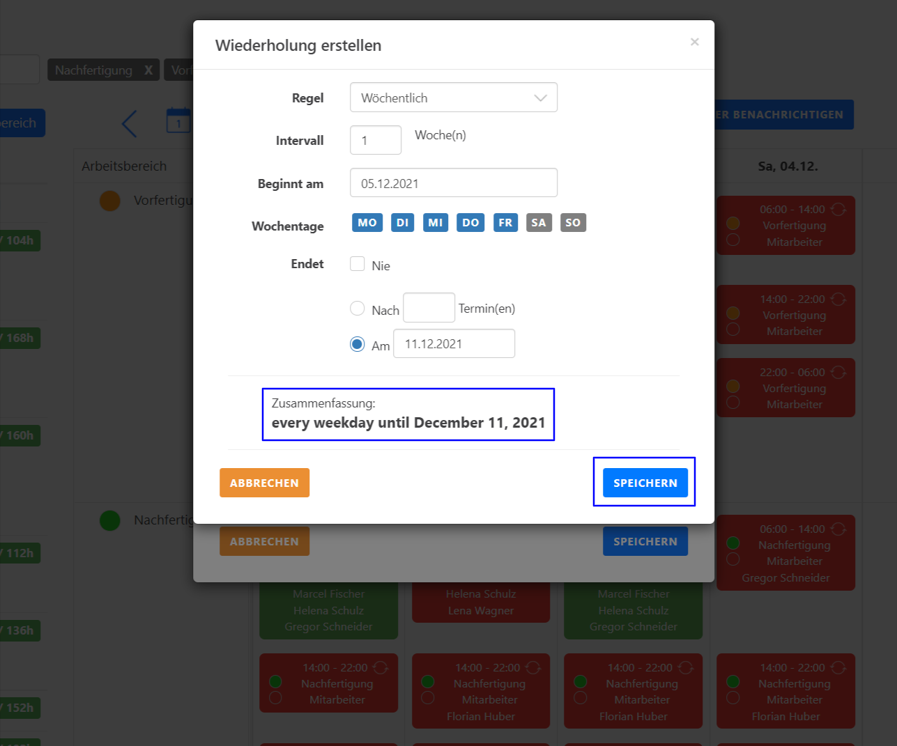 Kalender - Schichten einrichten - Wiederholung der Schichten erstellen