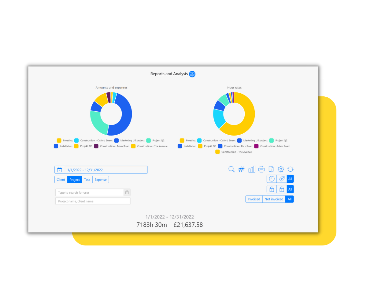 Bericht und Analyse-Dashboard mit zwei Kreisdiagrammen, die Beträge und Ausgaben sowie Stundensätze für verschiedene Projekte und Aufgaben im Jahr 2022 darstellen, mit Such- und Filteroptionen.