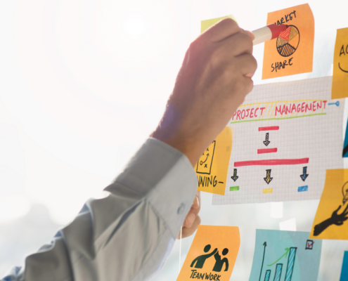 Hand, die eine Markierung an einem Whiteboard mit bunten Notizzetteln und einem Projektplan vornimmt.