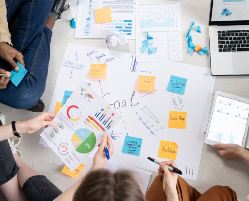 Gruppe von Personen, die auf dem Boden sitzen und gemeinsam an einem großen Blatt Papier mit Diagrammen, Notizen und Zielsetzungen arbeiten