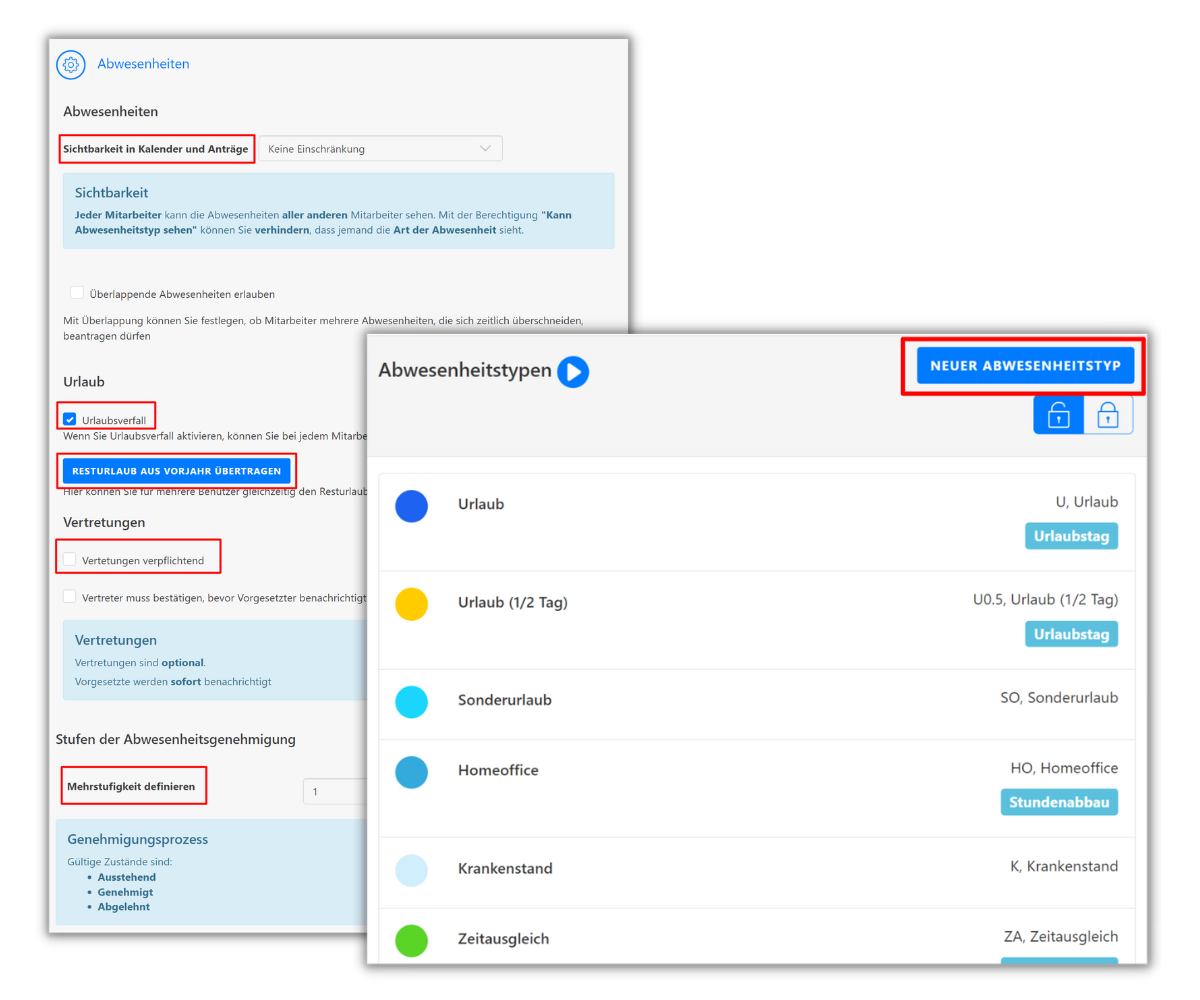 Ein Screenshot der Timetrack Software zeigt die Einstellungen für Abwesenheiten. Es gibt Optionen zur Sichtbarkeit im Kalender, Urlaubsübertrag und Vertretungen. Rechts ist die Liste der Abwesenheitstypen sichtbar, mit einer Schaltfläche für das Hinzufügen neuer Typen.