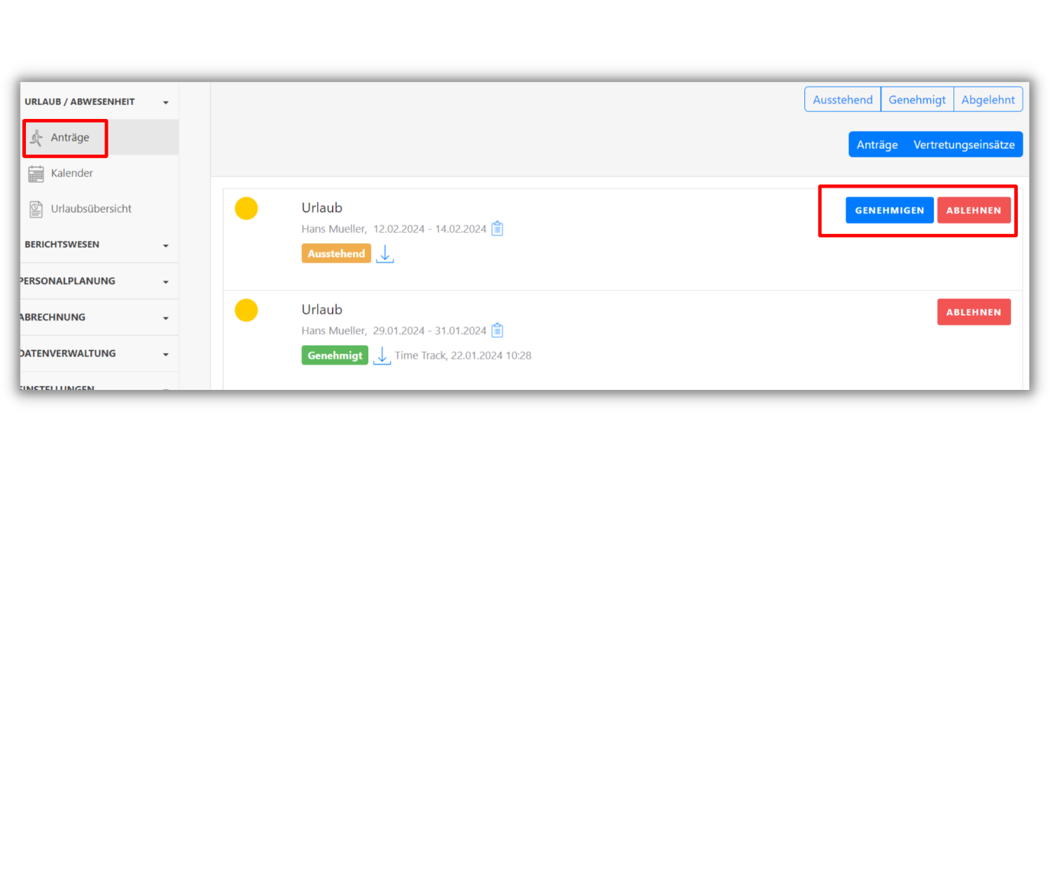 Ein Screenshot der Software Timetrack zeigt die Sektion "Anträge" unter "Urlaub/Abwesenheit". Zwei Urlaubsanträge von Hans Mueller sind sichtbar: einer ist ausstehend und der andere genehmigt. Es gibt Schaltflächen zum Genehmigen und Ablehnen der Anträge.