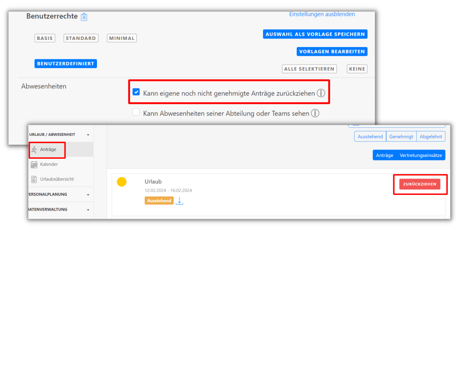 Ein Screenshot der Timetrack Software zeigt Benutzerrechte-Einstellungen und einen Urlaubsantrag, der zurückgezogen werden kann.
