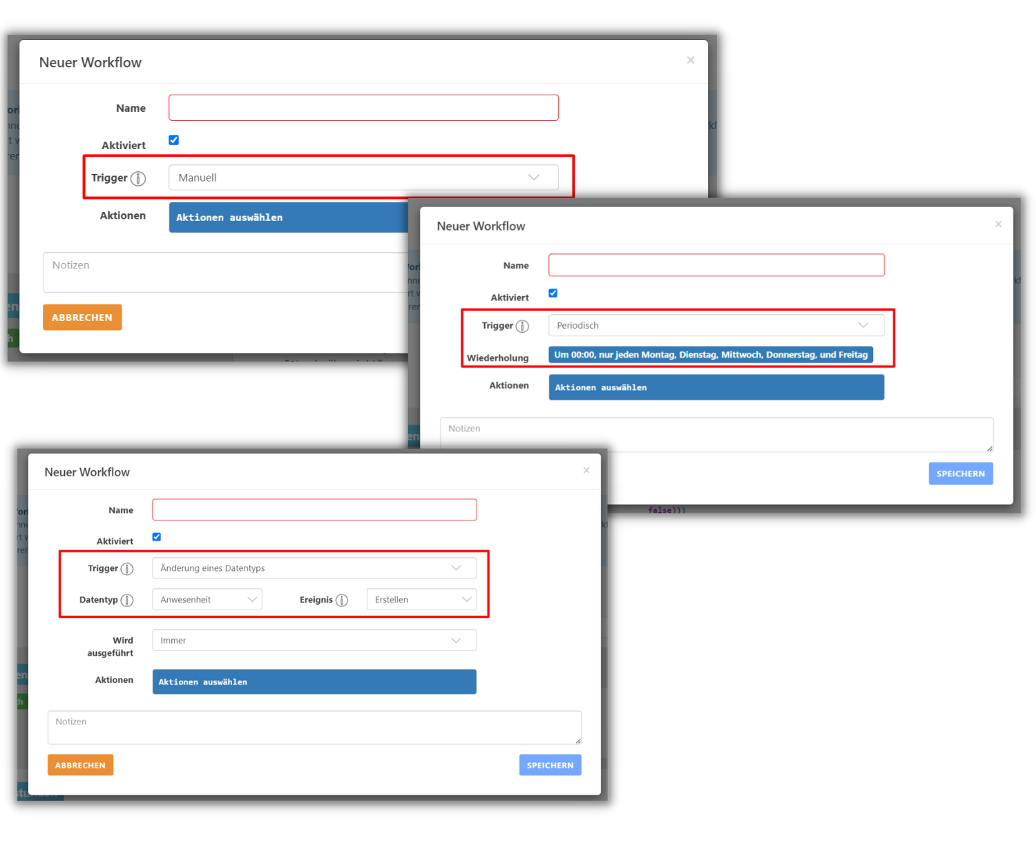 Ein Screenshot der Timetrack App zeigt drei "Neuer Workflow"-Fenster mit verschiedenen Trigger-Optionen: manuell, periodisch und bei Änderung eines Datentyps. Jedes Fenster enthält Felder für Name, Aktivierung, Aktionen und Notizen.
