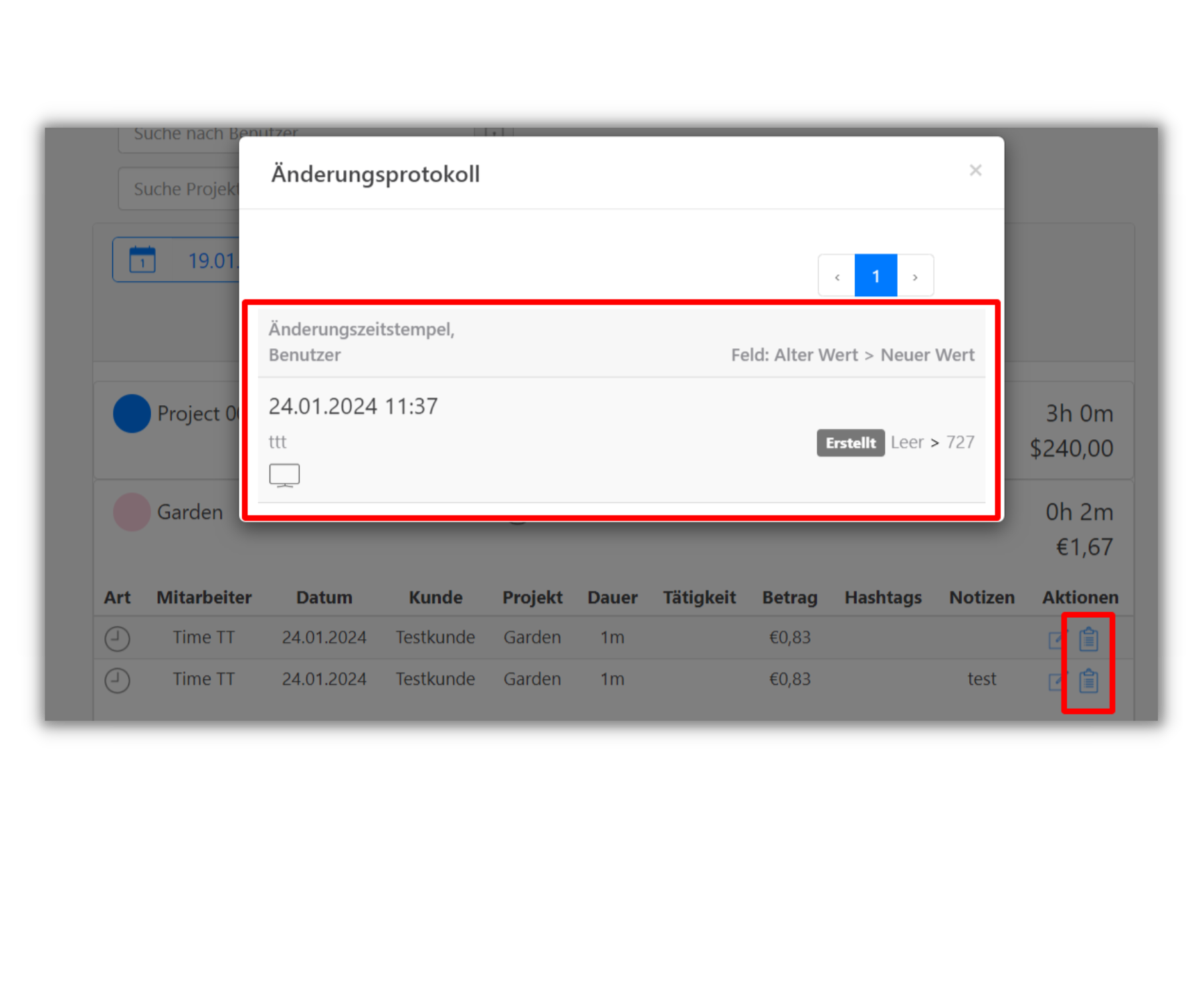 Screenshot der Timetrack Software zeigt ein Änderungsprotokoll mit einem Zeitstempel und Details zu einer Änderung. Rechts sind Symbole für das Löschen von Einträgen sichtbar.