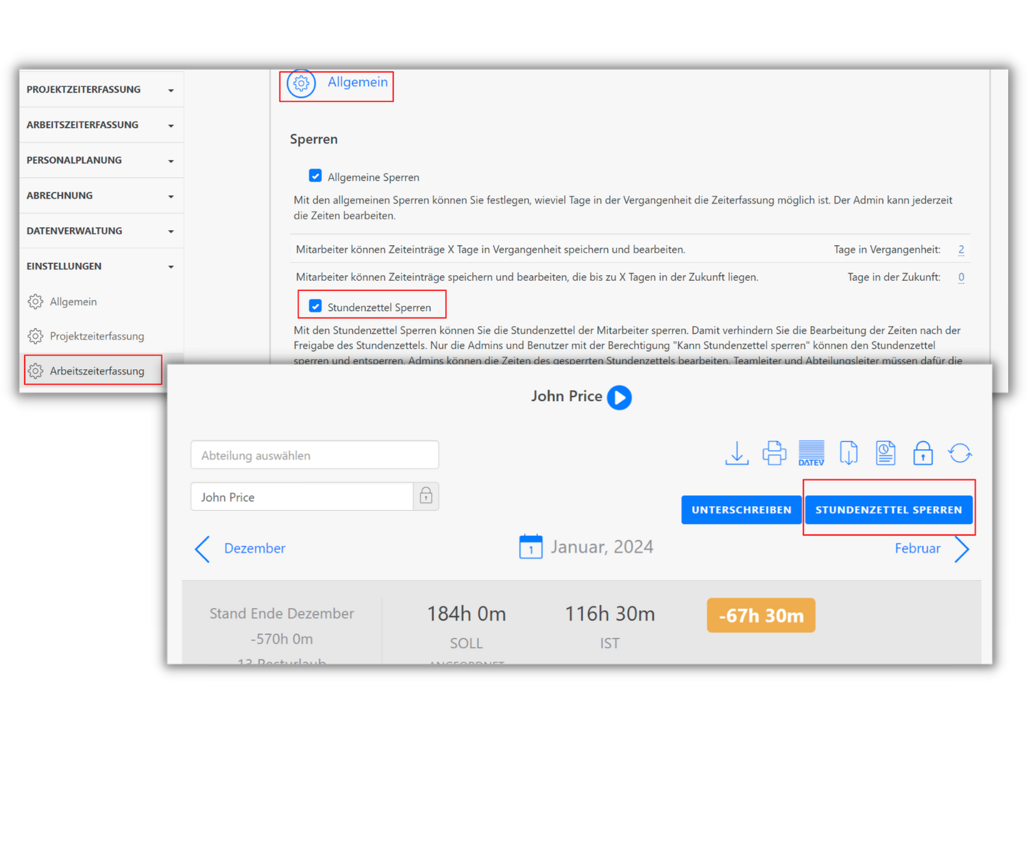 TimeTrack-Software-Einstellungen zur Arbeitszeiterfassung. Unter "Allgemein" finden sich die Optionen für "Sperren". Die Funktion "Stundenzettel Sperren" ist aktiviert. Eine spezifische Mitarbeiteransicht zeigt die Option "Stundenzettel Sperren" für Januar 2024, um die Bearbeitung der Zeiten zu verhindern.
