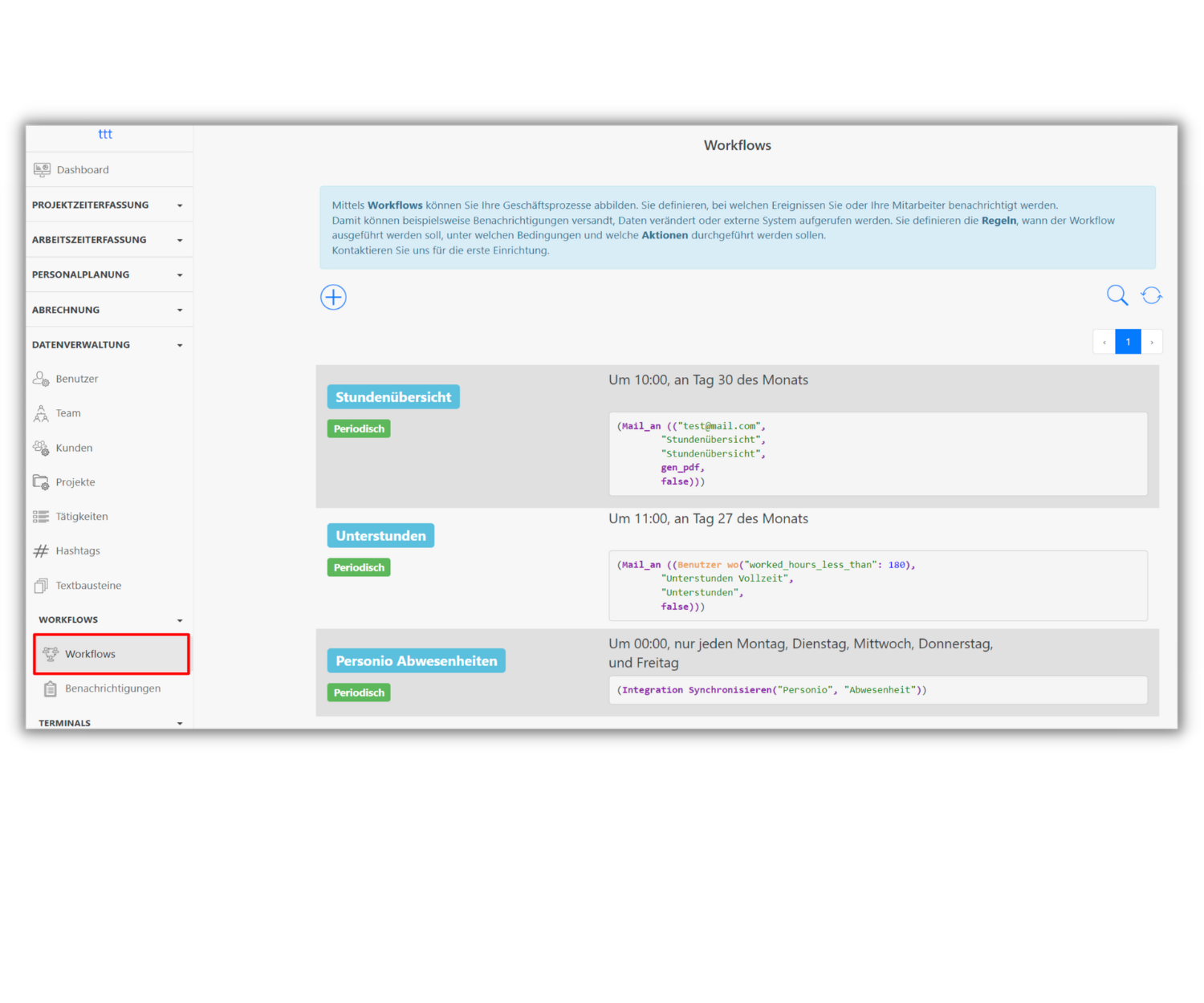 Ein Screenshot der Timetrack App mit Kategorien im linken Menü und drei Workflows in der Mitte: "Stundenübersicht", "Unterstunden" und "Personio Abwesenheiten".