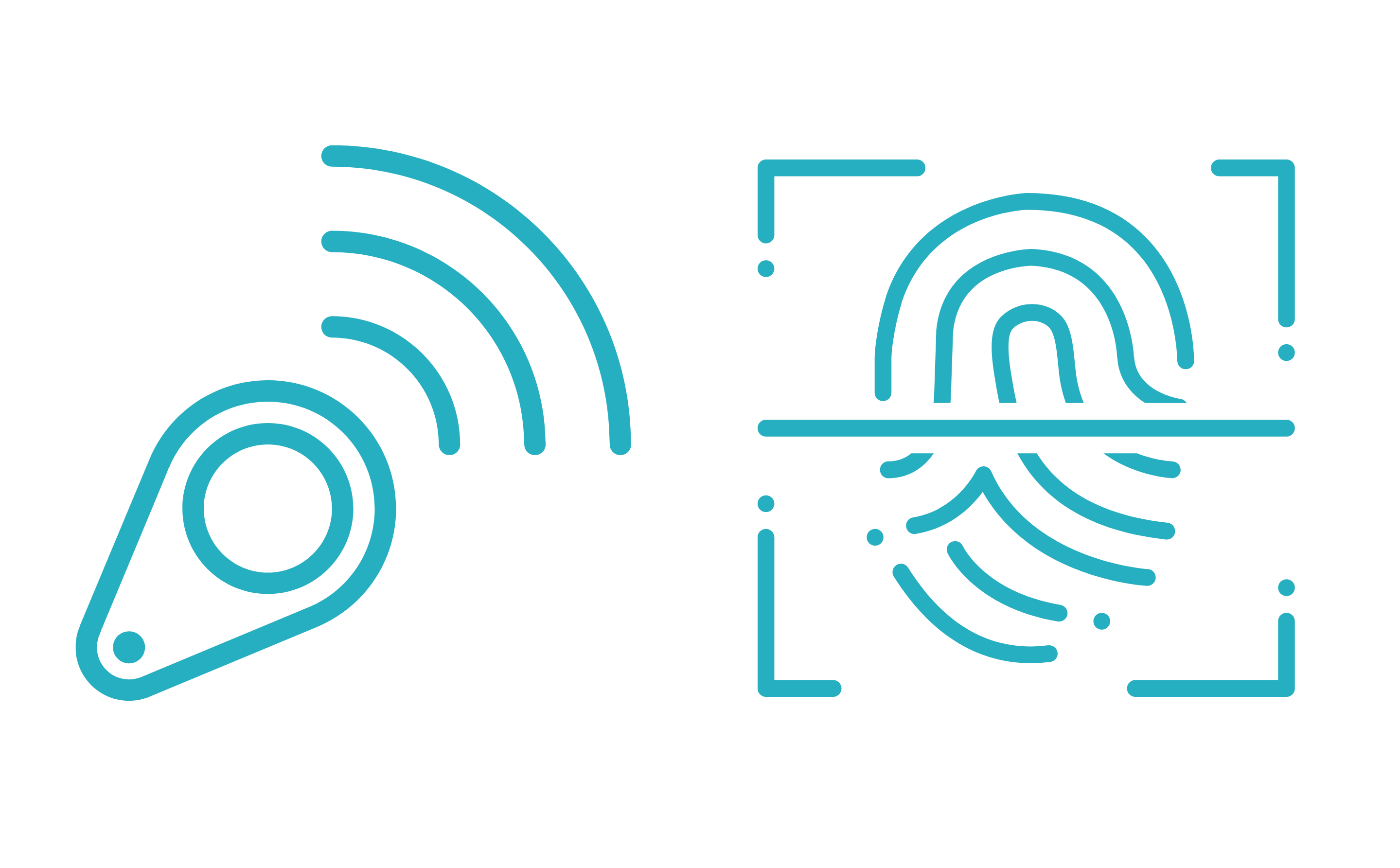 Zwei Symbole: links ein stilisiertes Funksignal, rechts ein Fingerabdruck-Scanner.
