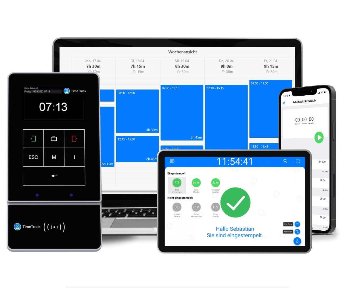 Ein Bild zeigt die TimeTrack-Software auf verschiedenen Geräten: einem Desktop-Computer, einem Laptop, einem Tablet und einem Smartphone. Die Benutzeroberflächen auf den Geräten zeigen die Zeiterfassungsfunktion der Software, darunter Arbeitszeitprotokolle, Diagramme und Berichte. Das Bild verdeutlicht die Vielseitigkeit und Benutzerfreundlichkeit der TimeTrack-Software, die auf mehreren Plattformen und Geräten genutzt werden kann.