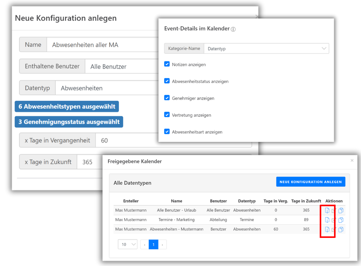 Ein Screenshot der TimeTrack-Software zeigt die Konfiguration eines Kalenders. Links oben ist ein Formular zur Erstellung einer neuen Konfiguration namens 'Abwesenheiten aller MA'. Rechts oben sind Optionen für 'Event-Details im Kalender' zu sehen, wie 'Notizen anzeigen' und 'Abwesenheitsstatus anzeigen'. Unten ist die Liste 'Freigegebene Kalender' mit verschiedenen Kalendern und Aktionen wie Bearbeiten und Löschen.
