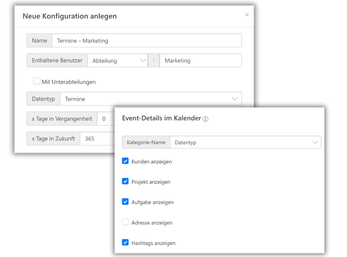 Ein Screenshot zeigt die Benutzeroberfläche zur Erstellung einer neuen Kalenderkonfiguration in der TimeTrack-Software. Oben im Bild wird ein Formular zur Eingabe der Konfigurationsdetails angezeigt, mit Feldern für den Namen der Konfiguration ('Termine - Marketing'), die Auswahl der enthaltenen Benutzer (Abteilung: Marketing), und die Festlegung des Datentyps ('Termine'). Es gibt Optionen zur Festlegung, wie viele Tage in die Vergangenheit und Zukunft angezeigt werden sollen. Unten im Bild wird ein weiteres Fenster angezeigt, das die Einstellungen für 'Event-Details im Kalender' zeigt. Hier können verschiedene Optionen aktiviert oder deaktiviert werden, darunter 'Kunden anzeigen', 'Projekt anzeigen', 'Aufgabe anzeigen', 'Adresse anzeigen' und 'Hashtags anzeigen'