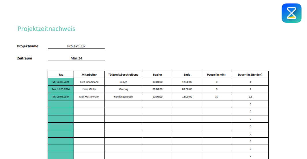 Ein Screenshot einer Projektzeitnachweis-Vorlage für das Jahr 2024 in Excel. Die Tabelle enthält Spalten mit Angaben zu Projektname, Aufgaben, Mitarbeitername, Datum, Arbeitsstunden und Notizen. Unterschiedliche Zeilen repräsentieren verschiedene Projekte und Aufgaben, die von Mitarbeitern bearbeitet werden. Die Tabelle ist farblich kodiert, um verschiedene Projekte und Zeiträume klar zu unterscheiden.