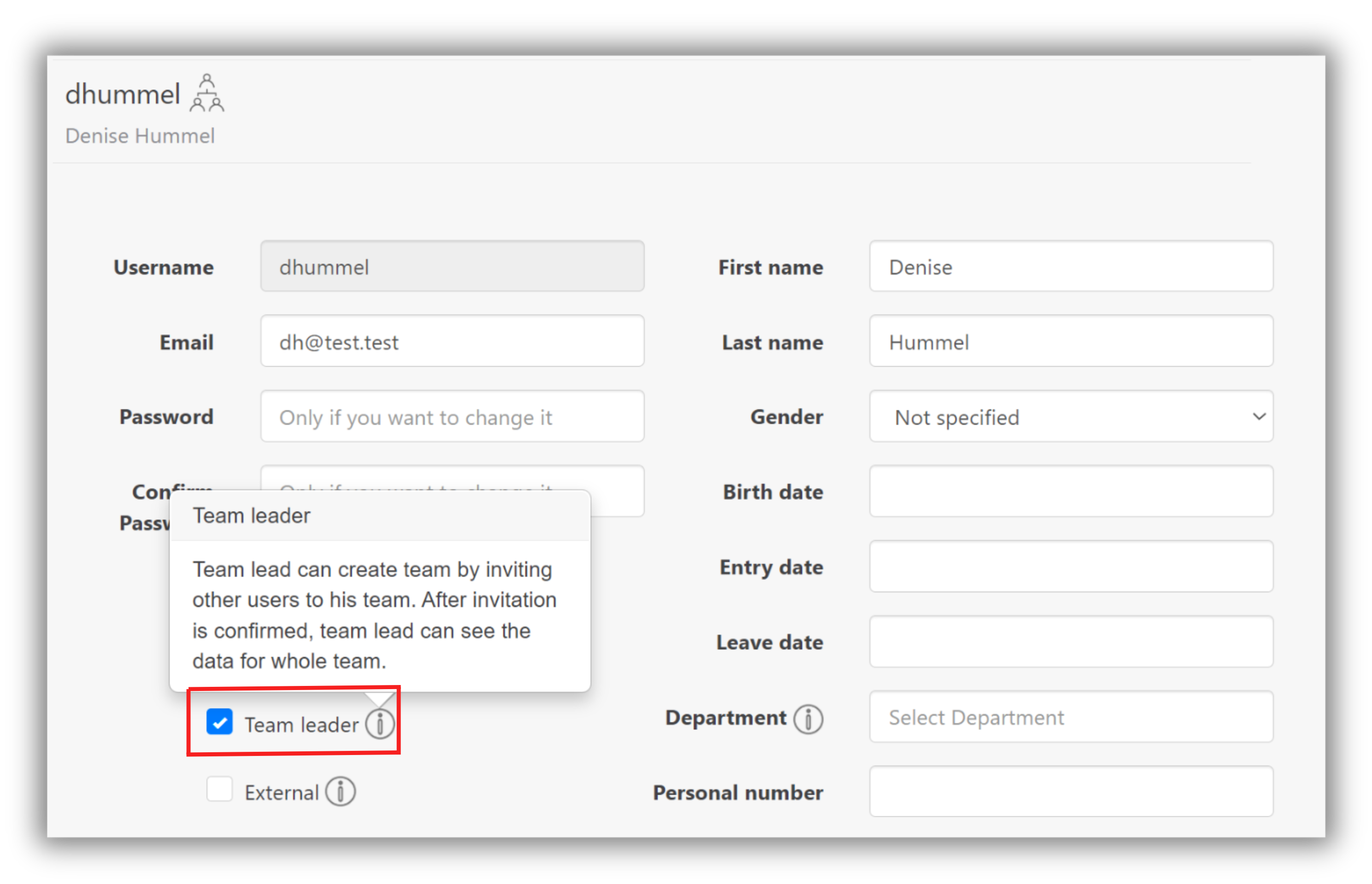 Team-Leader Einstellungen in TimeTrack Software