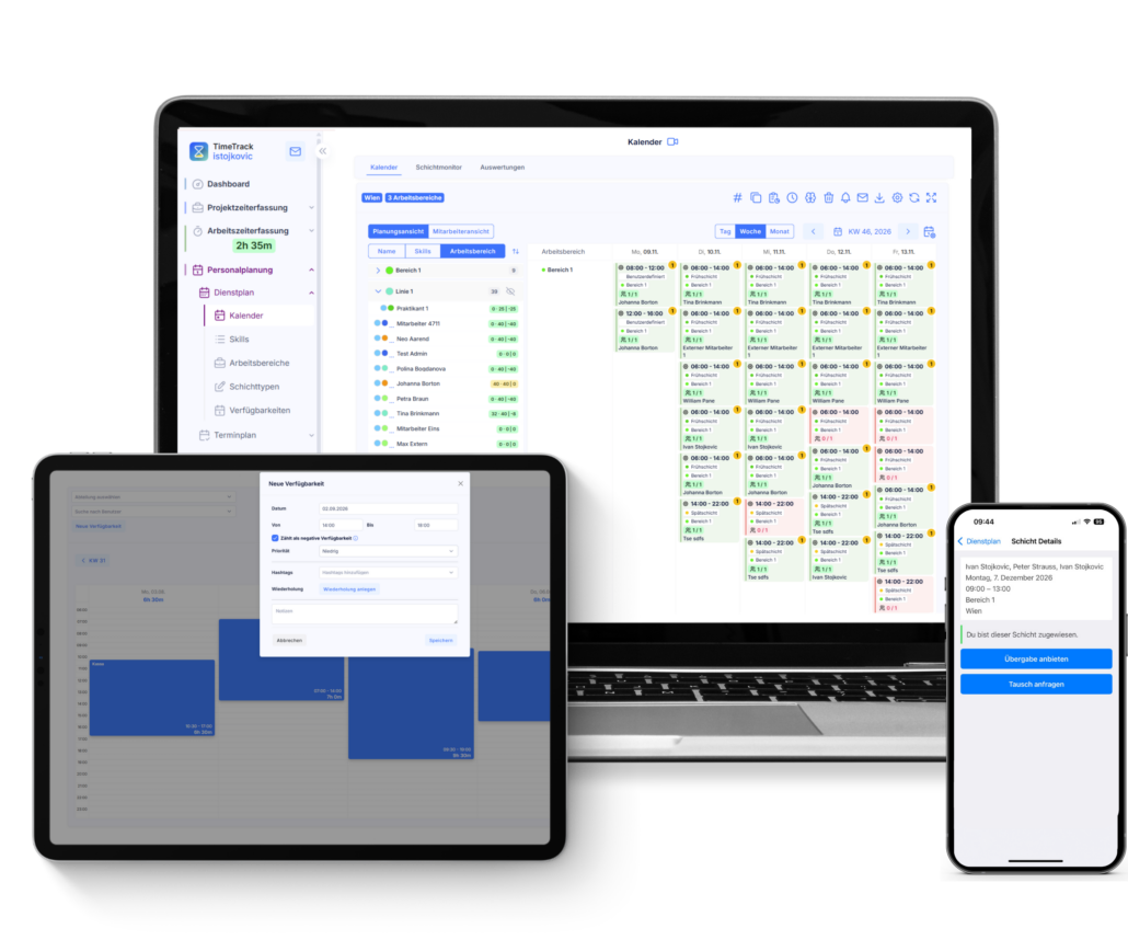 Dienstplan erstellen mit TimeTrack: Dienstplaner auf Laptop, Tablet und Smartphone.