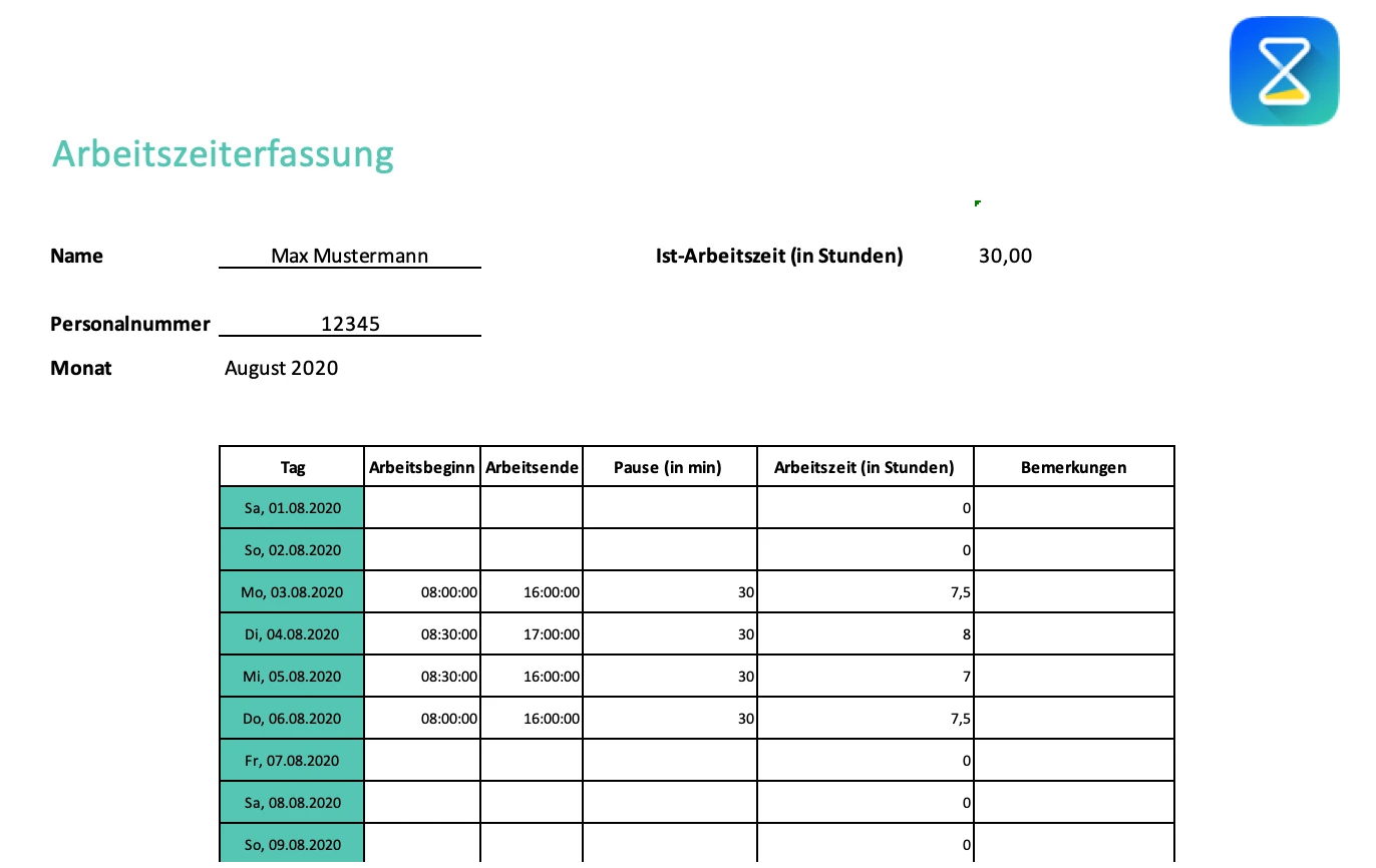 Arbeitszeiterfassung-Vorlage