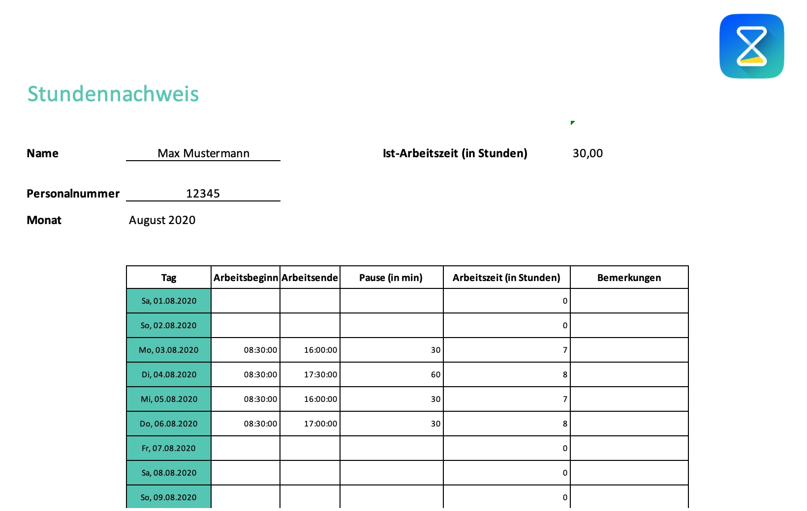 Stundennachweis-Vorlage