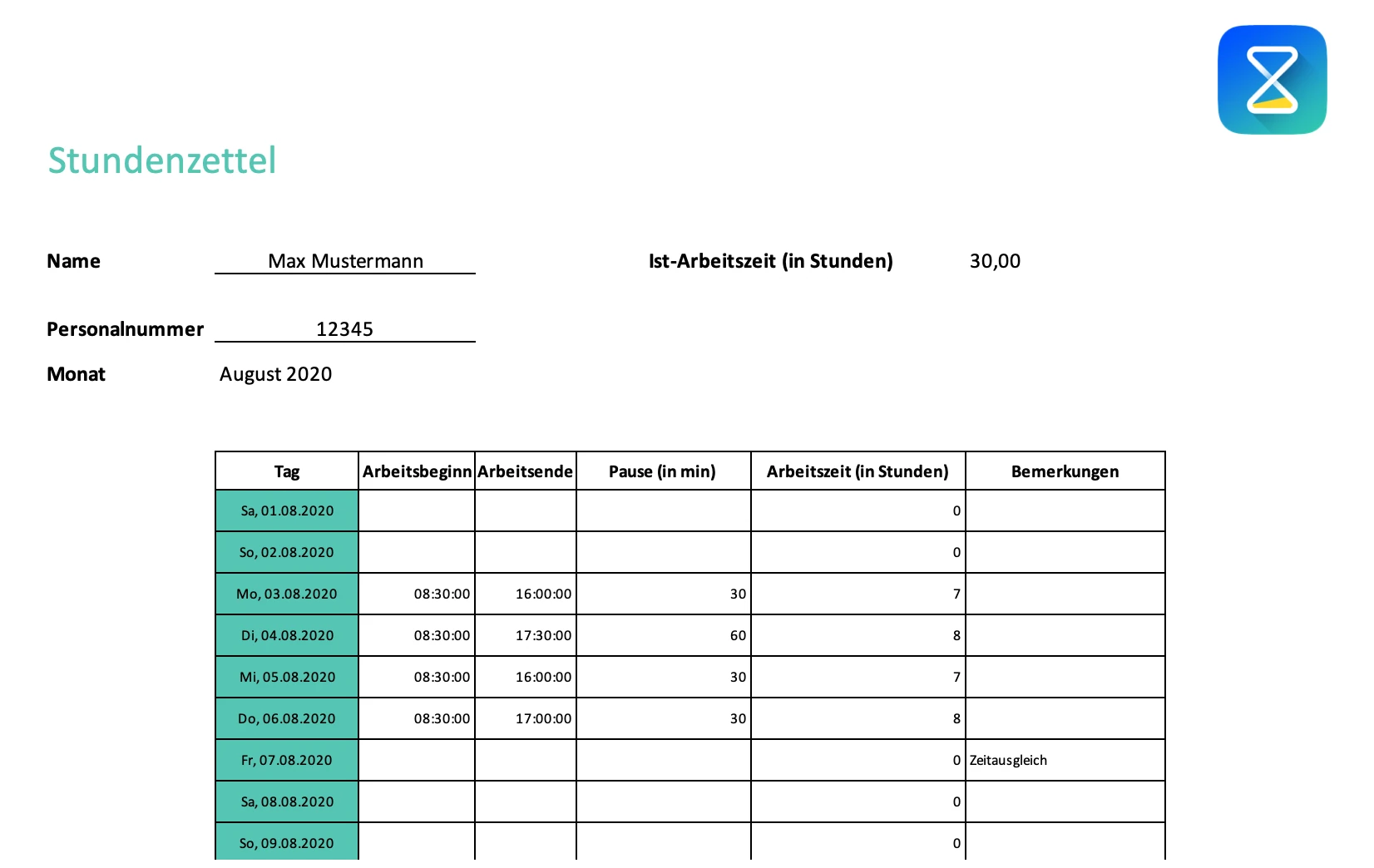 Stundenzettel-Vorlage