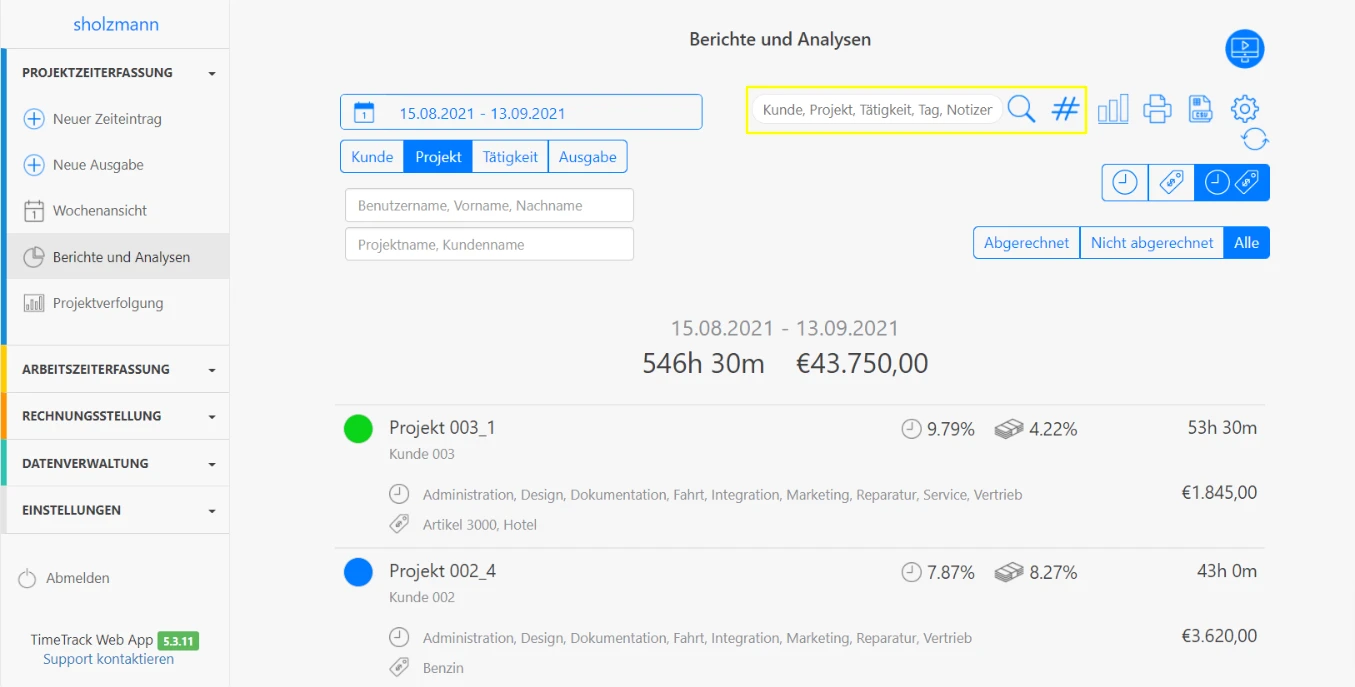 Nachträgliche Zeiteinträge Filter