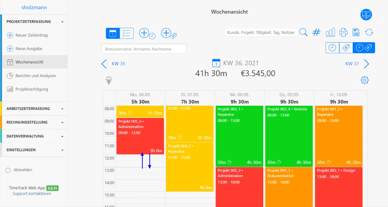 Nachträgliche Zeiteinträge Wochenansicht