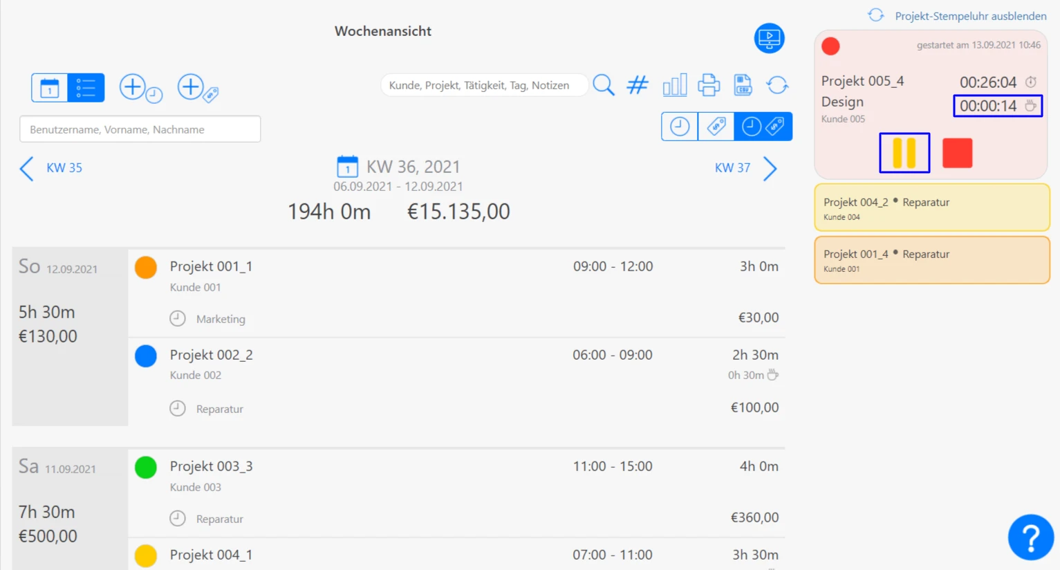 Projekt-Stempeluhr Projektzeiten pausieren