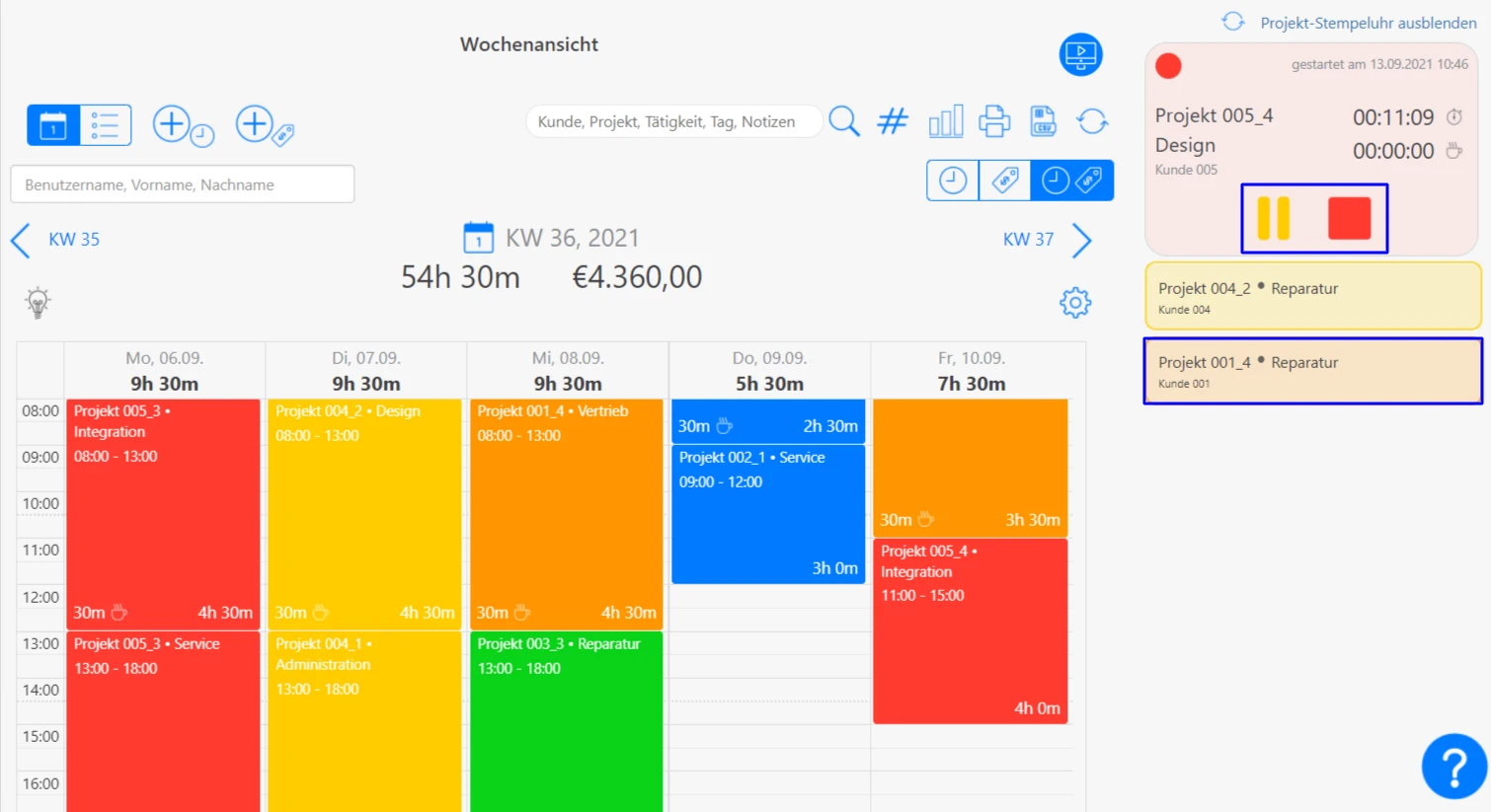 Projekt-Stempeluhr Projektzeiten