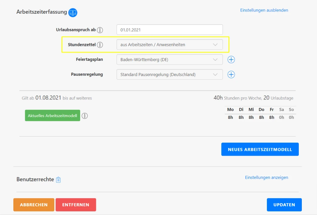 Stempeluhr Einstellungen