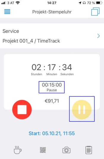 Mobile Projektzeiten Pauseneinstellungen