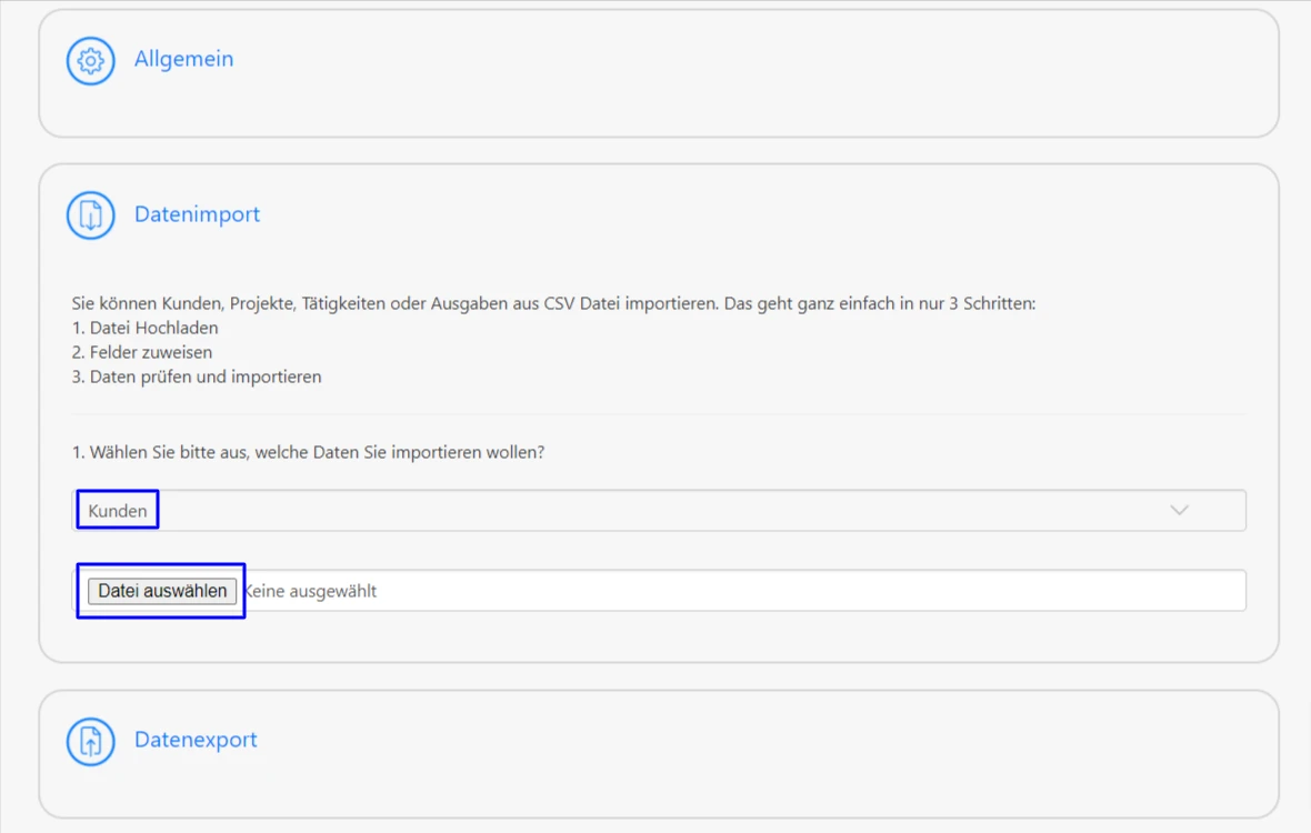 Datenimport/Export - Daten für den Import eingeben