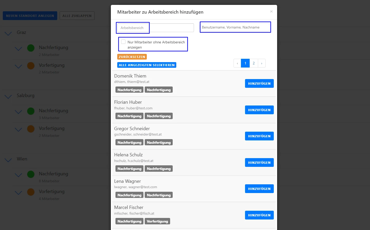 Standorte und Arbeitsbereiche - Mitarbeiter den Arbeitsbereichen zuweisen