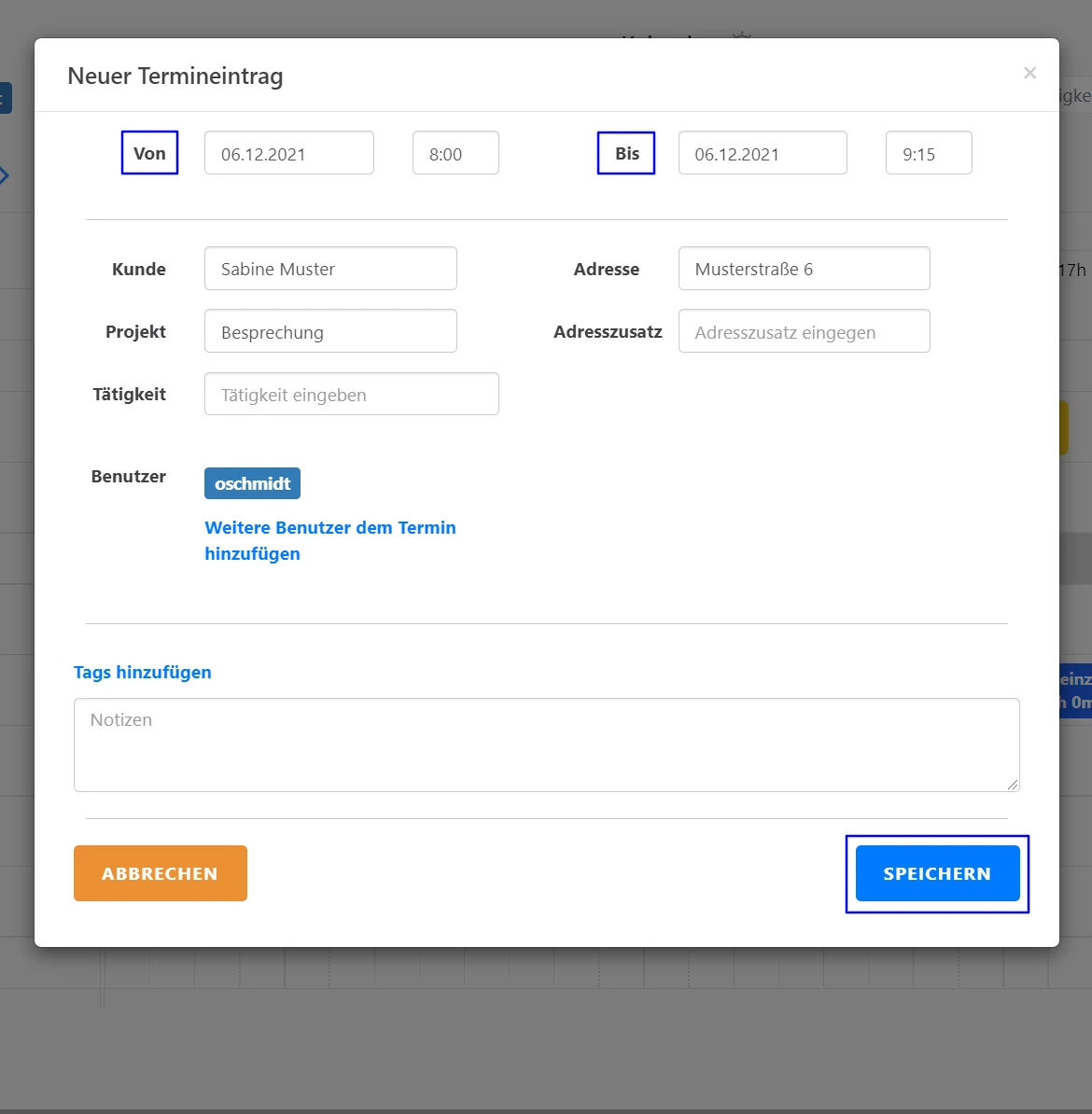 Terminplaner - Eintragen der Termine