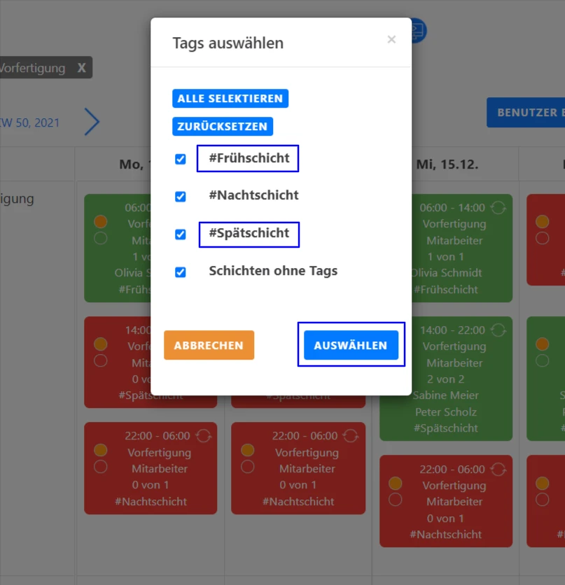 Einstellungen für den Schichtplan - Mit Tags filtern und Schichten planen