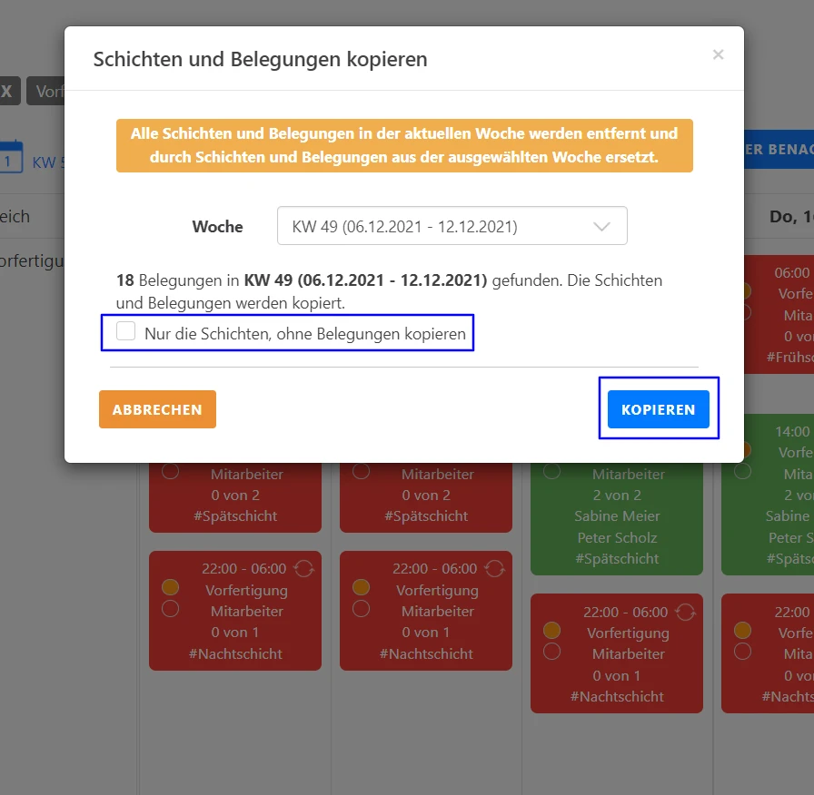 Einstellungen für den Schichtplan - Schichten kopieren