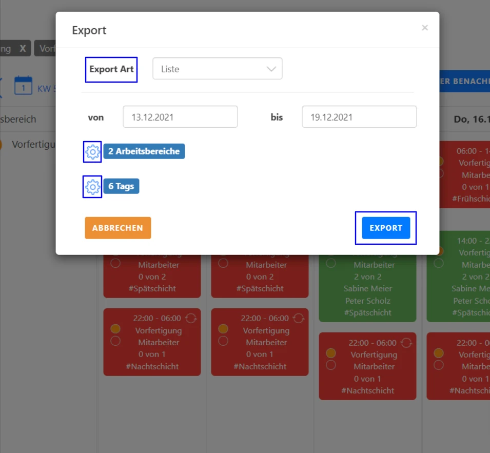 Einstellungen für den Schichtplan - Schichtplan exportieren