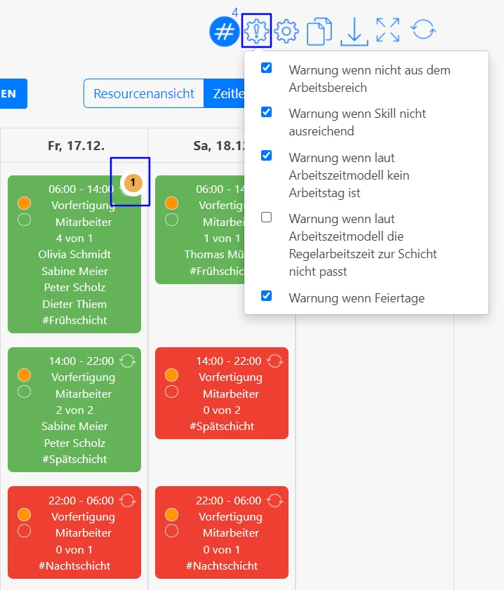 Einstellungen für den Schichtplan - Warnungen