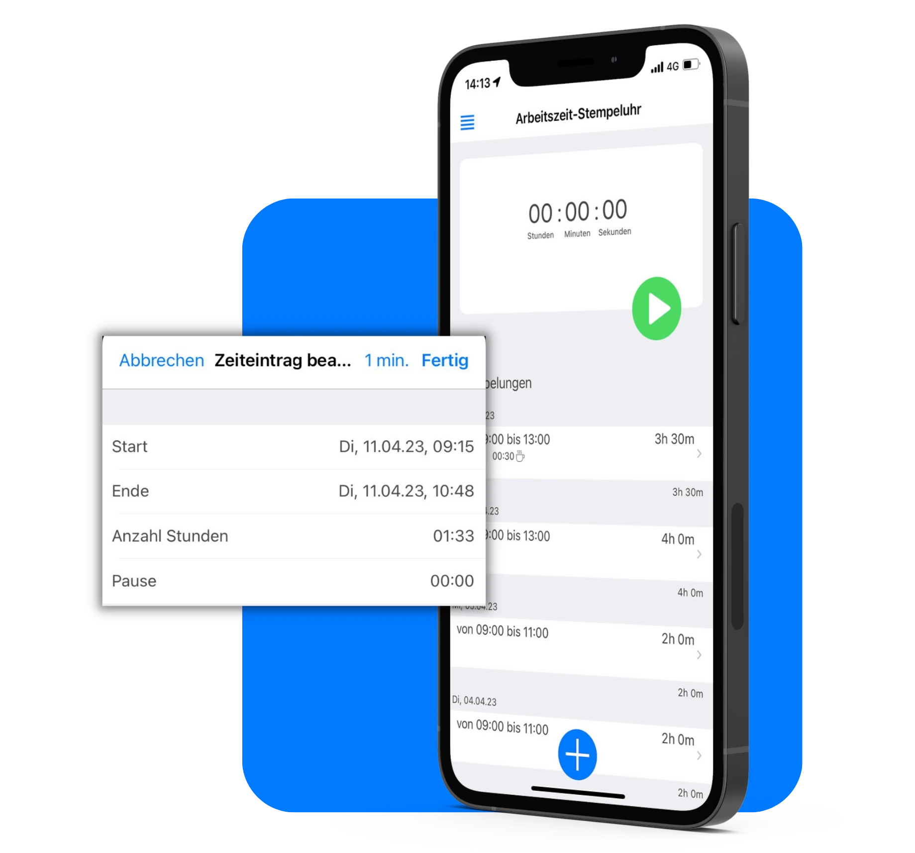 Smartphone-App zur Zeiterfassung mit Stempeluhr und Eingabefeldern zur Bearbeitung von Zeitaufzeichnungen, einschließlich Start- und Endzeiten sowie Pausen.