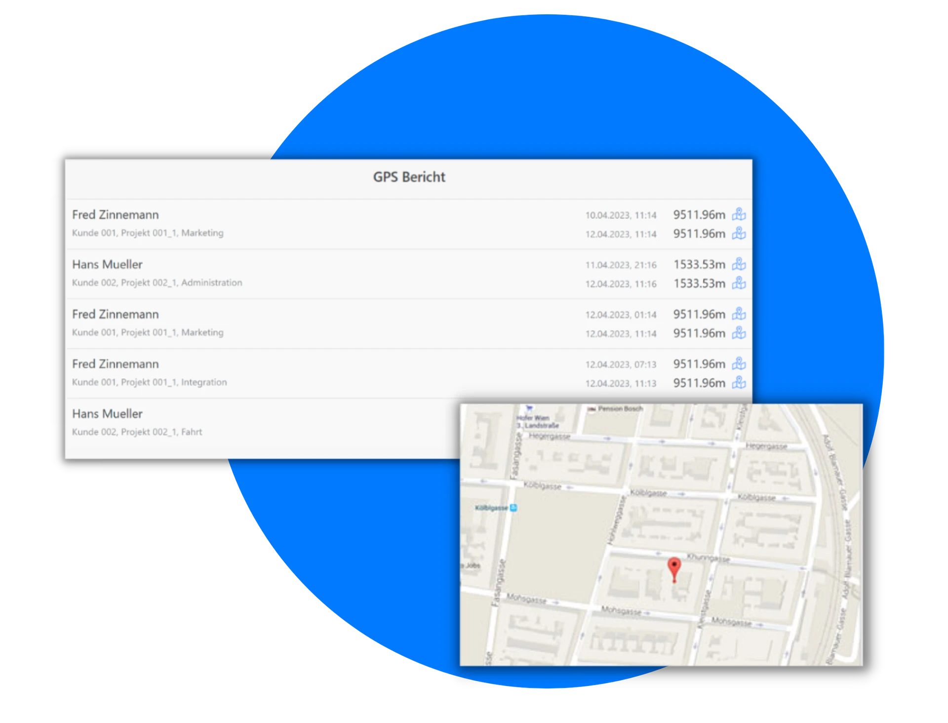 GPS-Bericht mit einer Auflistung von Mitarbeitern, Projekten, Zeitstempeln und Entfernungen, ergänzt durch eine Kartenansicht, die einen bestimmten Standort hervorhebt.