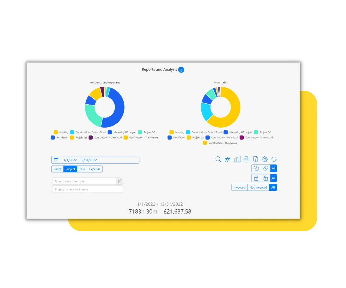 Bericht und Analyse-Dashboard mit zwei Kreisdiagrammen, die Beträge und Ausgaben sowie Stundensätze für verschiedene Projekte und Aufgaben im Jahr 2022 darstellen, mit Such- und Filteroptionen.