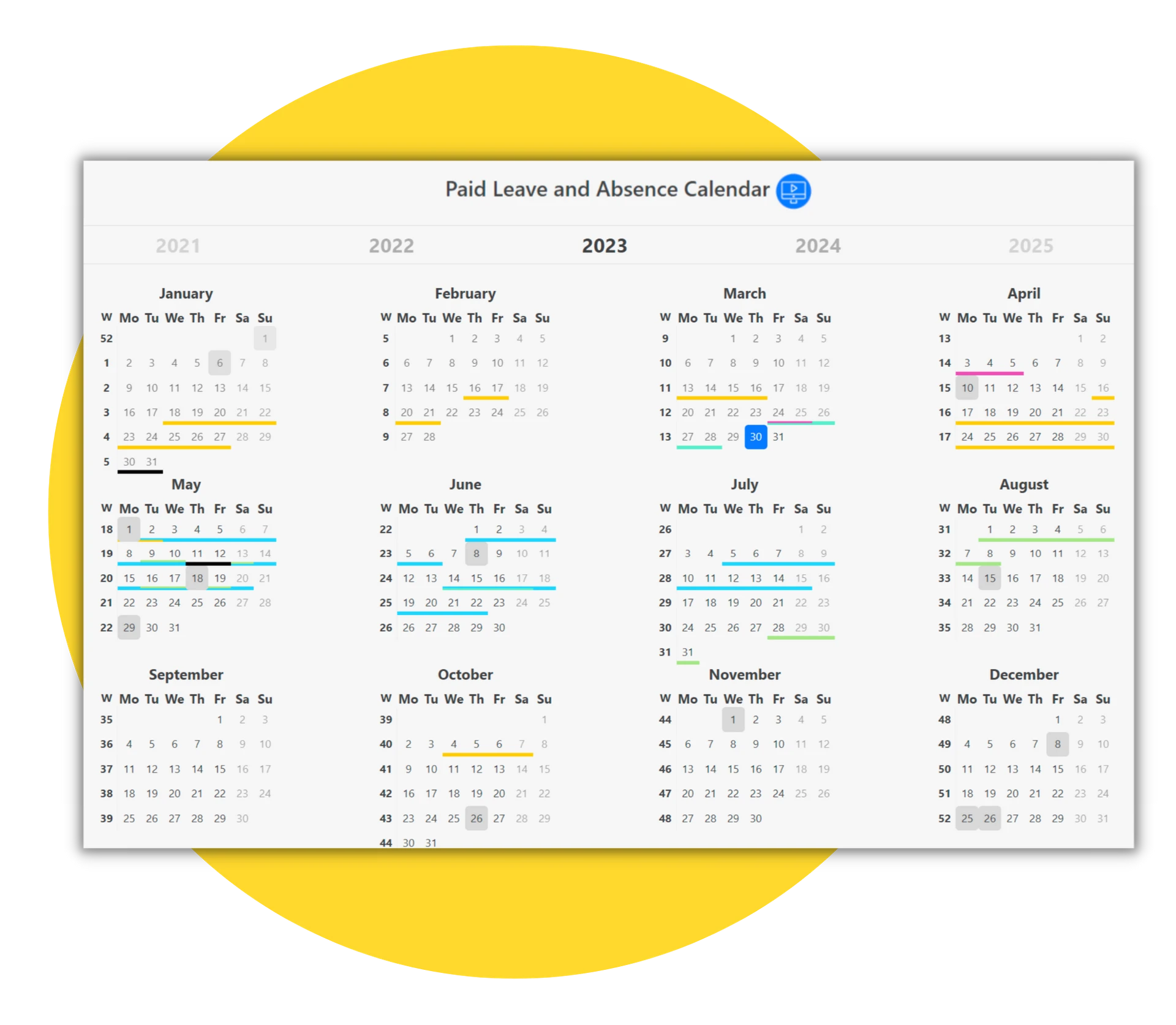 "Kalender für bezahlten Urlaub und Abwesenheiten für das Jahr 2023, mit hervorgehobenen Terminen in verschiedenen Farben."