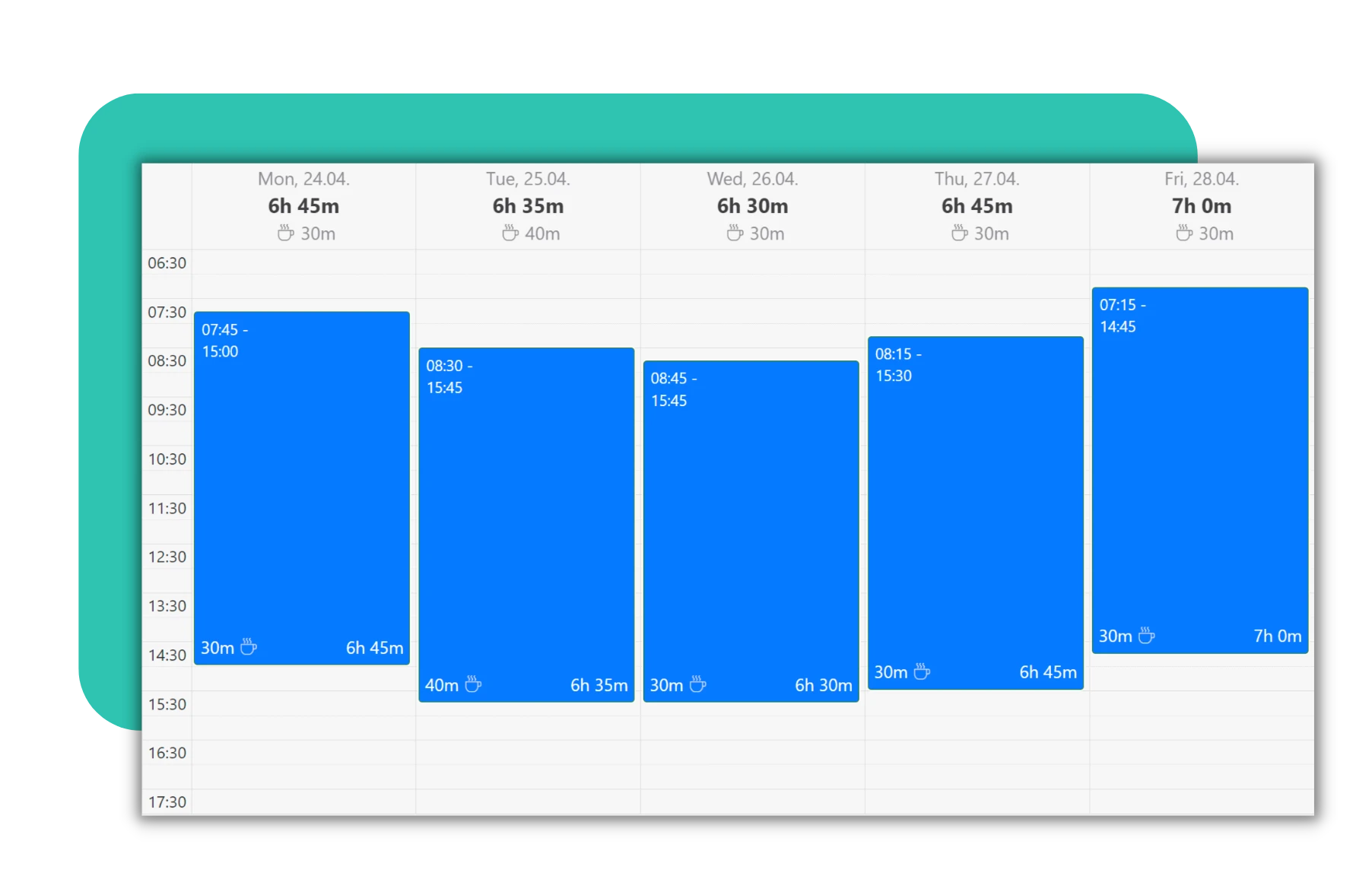 "Wöchentlicher Zeitplan mit Arbeitszeiten und Pausen in einem Kalenderformat, dargestellt durch blaue Blöcke."