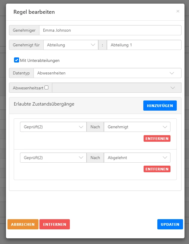 Ein Dialogfenster zur Bearbeitung einer Regel in einer Softwareanwendung. Es gibt Felder für Genehmigungseinstellungen und erlaubte Zustandsübergänge. Unten befinden sich die Schaltflächen 'Abbrechen', 'Entfernen' und 'Updaten'.