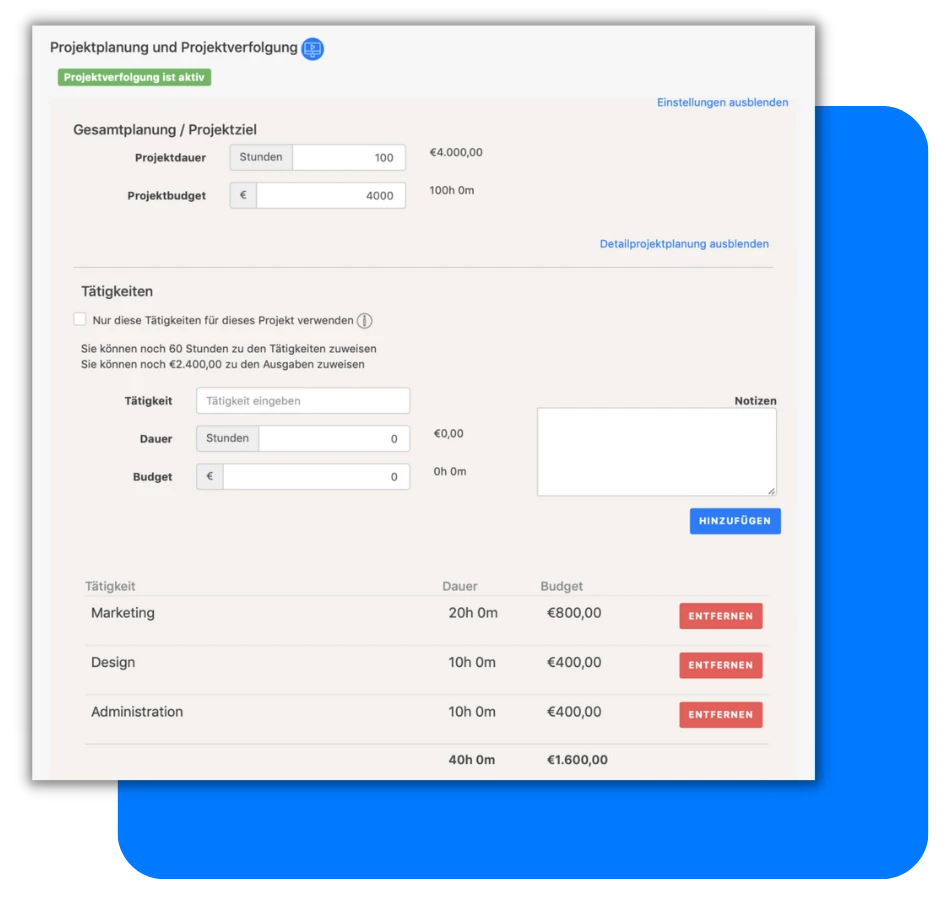 Ein Screenshot einer Projektplanungs- und Projektverfolgungssoftware mit Feldern zur Eingabe von Projektdauer, Projektbudget und spezifischen Tätigkeiten sowie deren zugeordneten Zeiten und Budgets.