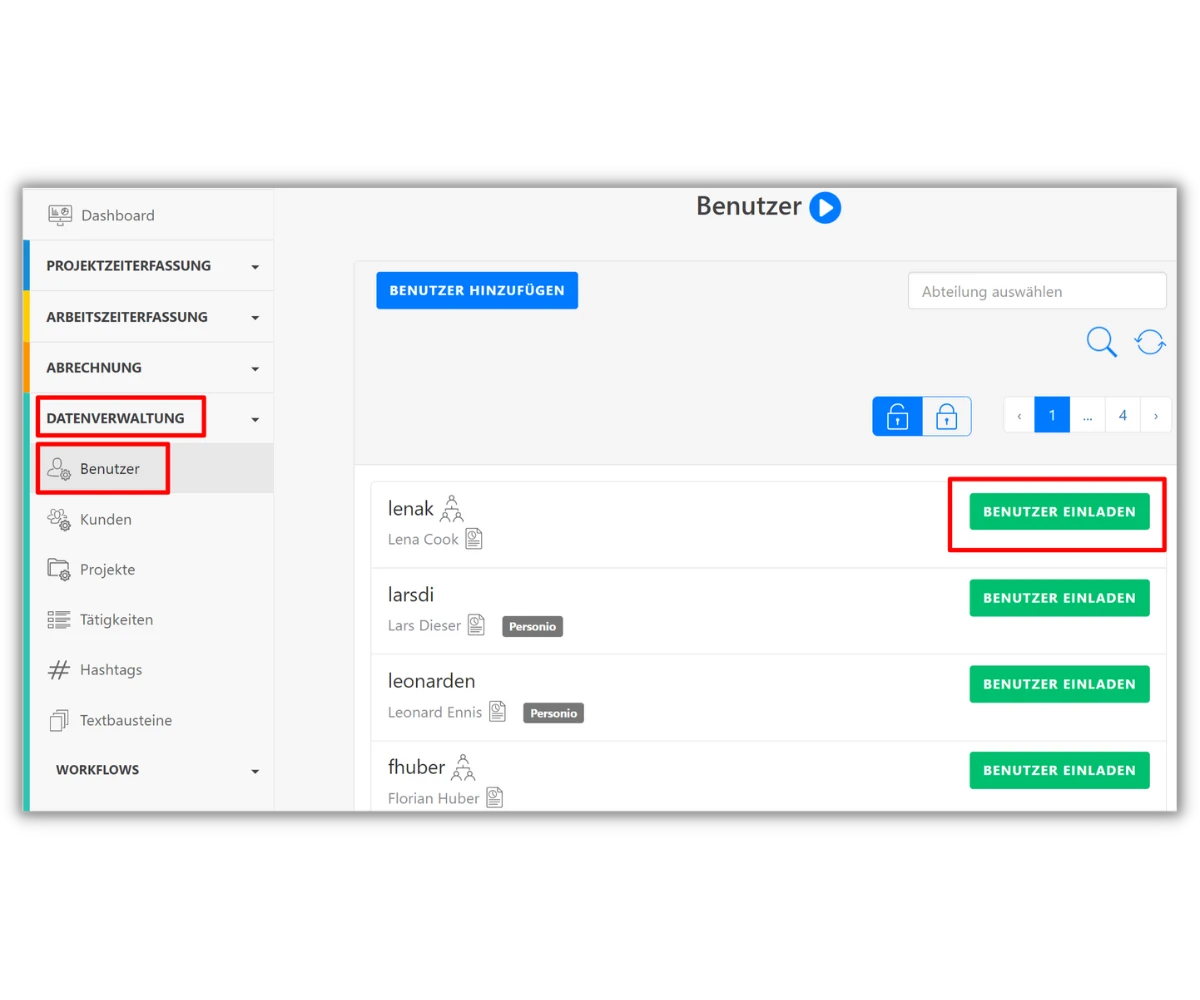 Screenshot der Timetrack Software zeigt die Benutzerverwaltung unter Datenverwaltung. Es gibt eine Schaltfläche "Benutzer hinzufügen" und eine Liste der Benutzer mit der Option "Benutzer einladen" neben jedem Namen.